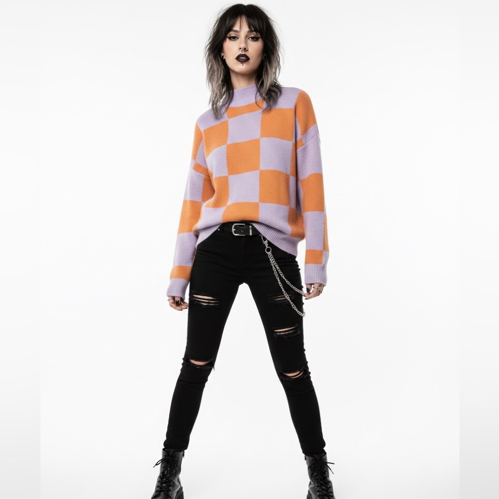 NWOT Nasty Gal Oversized Orange & Purple Checkerboard Sweater